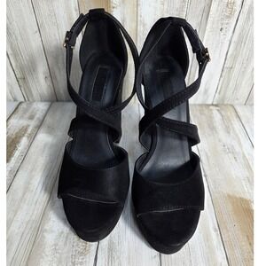 Forever 21 Womens Black Faux Suede Platform Block Heel Ankle Strap Sandals 6
